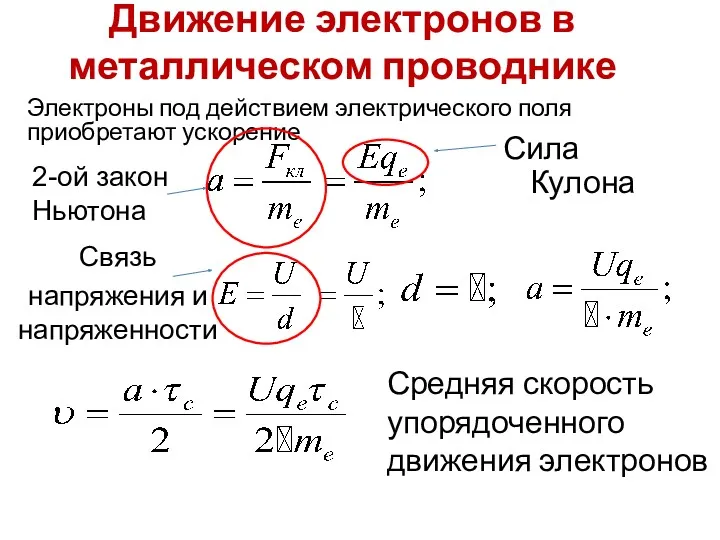 Сила Кулона 2-ой закон Ньютона Движение электронов в металлическом проводнике