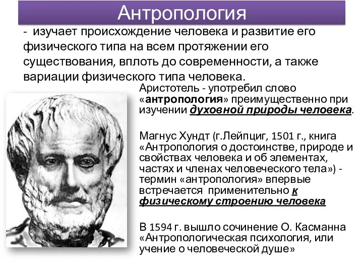 Антропология Аристотель - употребил слово «антропология» преимущественно при изучении духовной