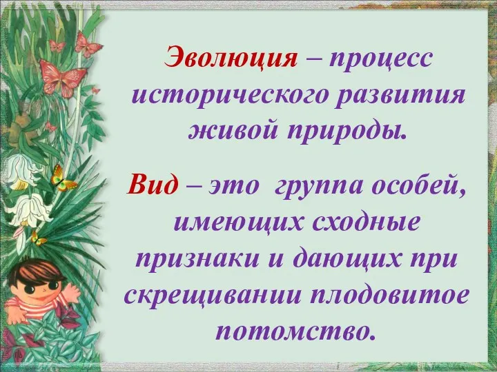 Эволюция – процесс исторического развития живой природы. Вид – это