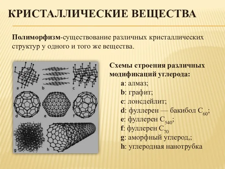 КРИСТАЛЛИЧЕСКИЕ ВЕЩЕСТВА Полиморфизм-существование различных кристаллических структур у одного и того