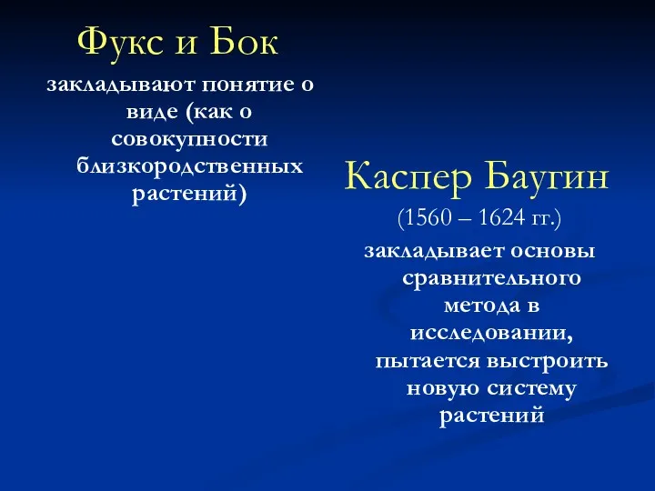 Фукс и Бок закладывают понятие о виде (как о совокупности близкородственных растений) Каспер