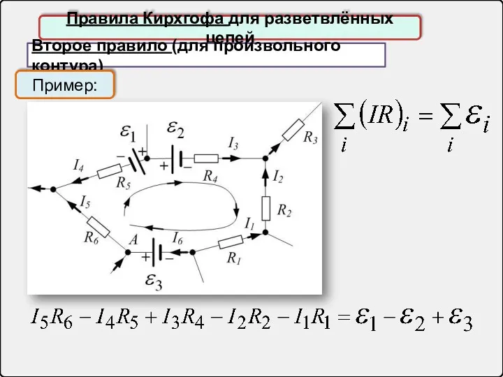 Правила Кирхгофа для разветвлённых цепей Второе правило (для произвольного контура) Пример: