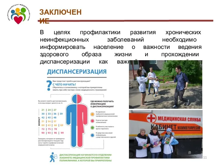 ЗАКЛЮЧЕНИЕ В целях профилактики развития хронических неинфекционных заболеваний необходимо информировать