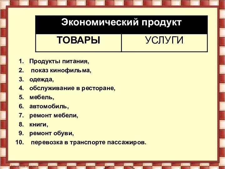 Продукты питания, показ кинофильма, одежда, обслуживание в ресторане, мебель, автомобиль,