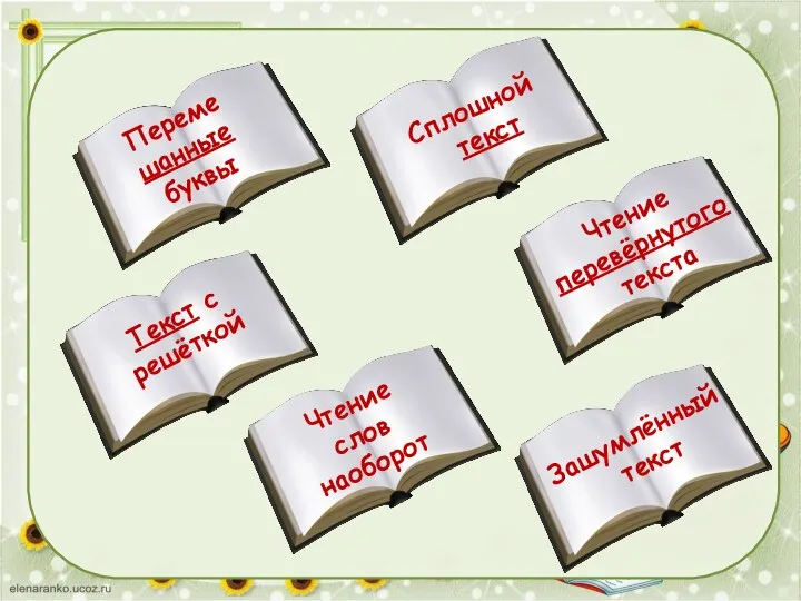 Переме шанные буквы Сплошной текст Текст с решёткой Чтение перевёрнутого текста Чтение слов наоборот Зашумлённый текст