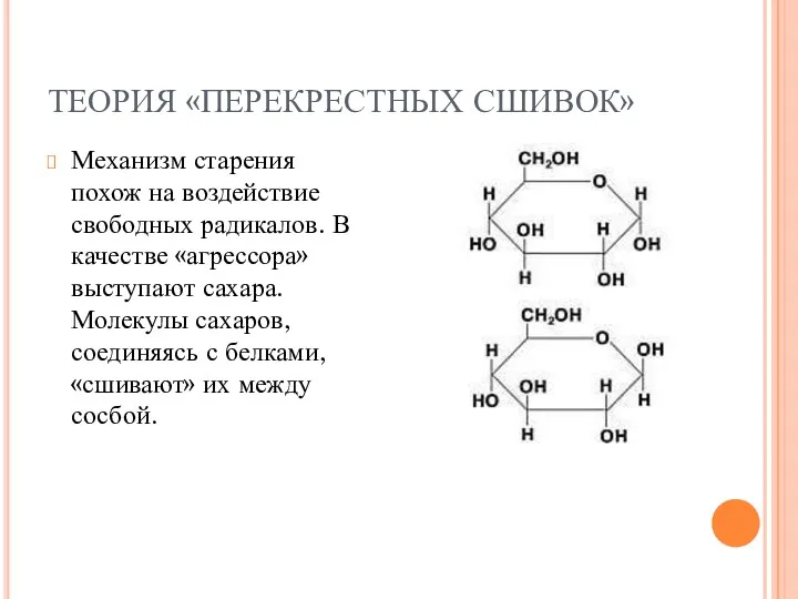 ТЕОРИЯ «ПЕРЕКРЕСТНЫХ СШИВОК» Механизм старения похож на воздействие свободных радикалов.