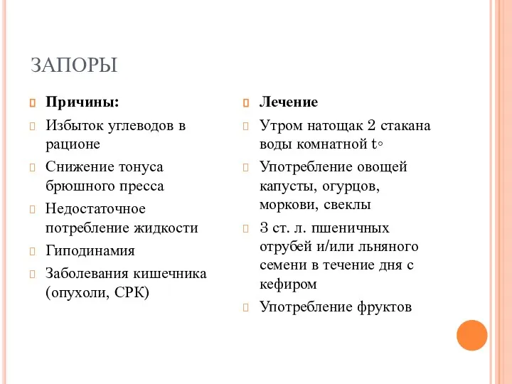 ЗАПОРЫ Причины: Избыток углеводов в рационе Снижение тонуса брюшного пресса