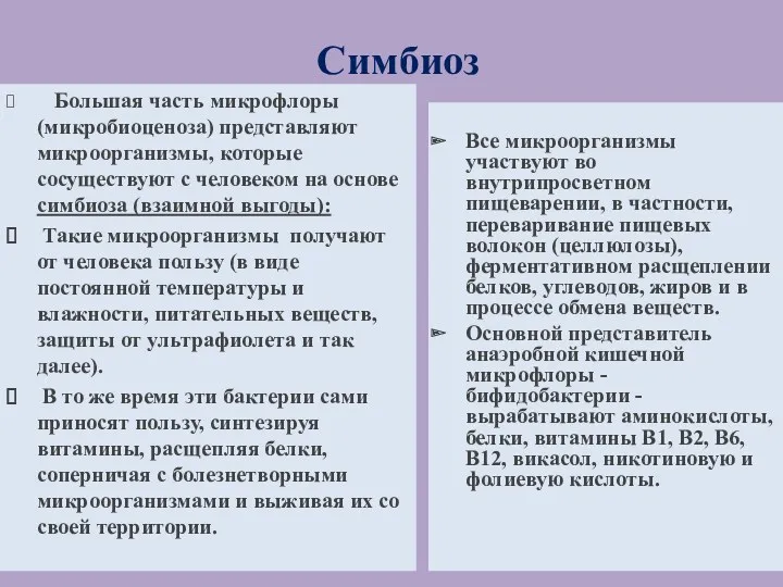 Симбиоз Большая часть микрофлоры (микробиоценоза) представляют микроорганизмы, которые сосуществуют с