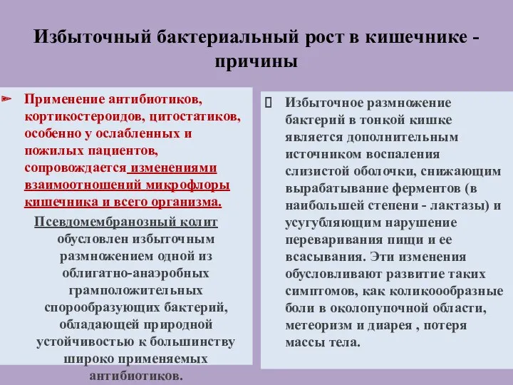 Избыточный бактериальный рост в кишечнике -причины Применение антибиотиков, кортикостероидов, цитостатиков,