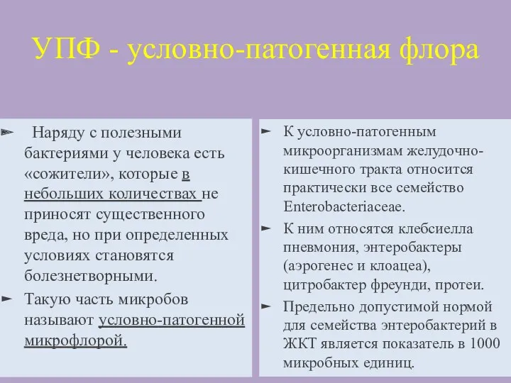 УПФ - условно-патогенная флора Наряду с полезными бактериями у человека