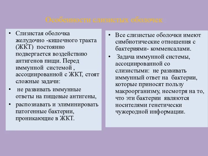 Особенности слизистых оболочек Слизистая оболочка желудочно -кишечного тракта (ЖКТ) постоянно