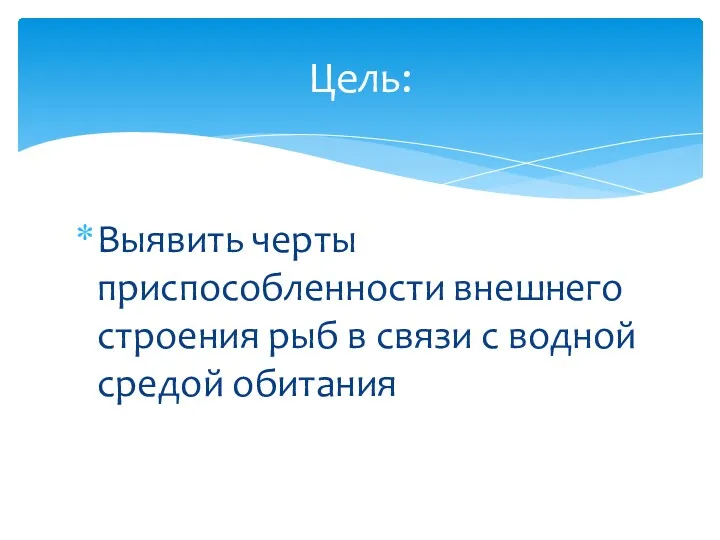 Выявить черты приспособленности внешнего строения рыб в связи с водной средой обитания Цель: