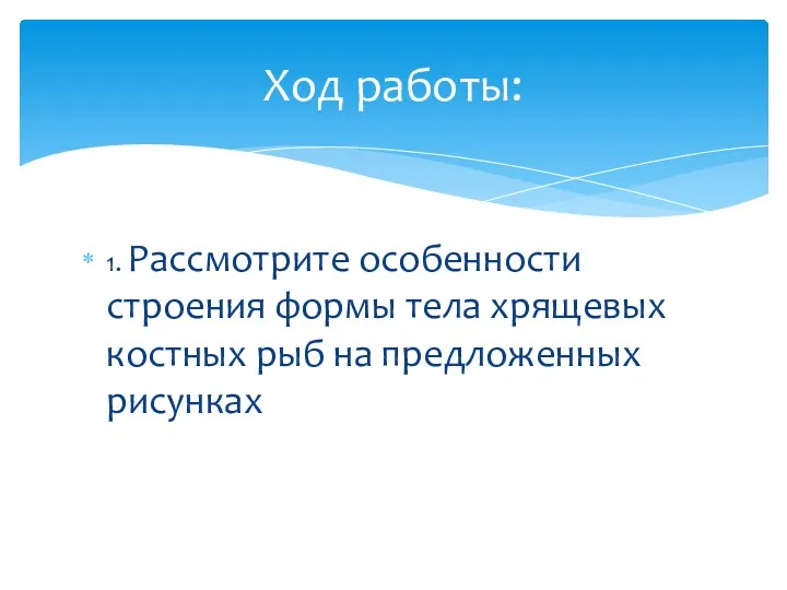 1. Рассмотрите особенности строения формы тела хрящевых костных рыб на предложенных рисунках Ход работы: