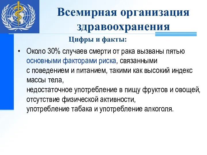 Около 30% случаев смерти от рака вызваны пятью основными факторами