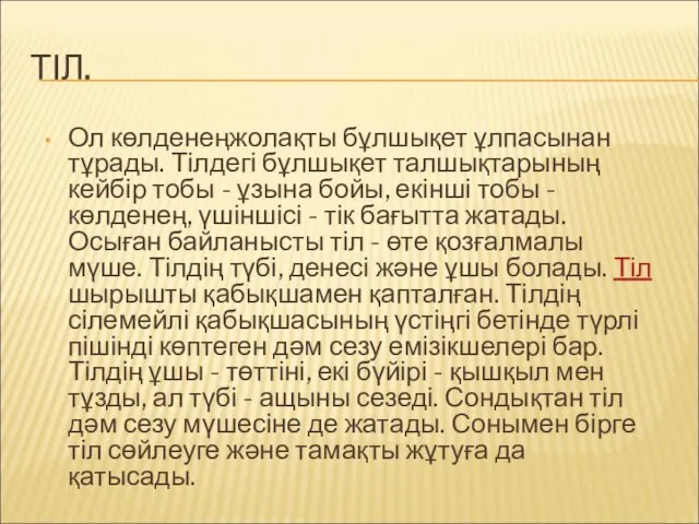 ТІЛ. Ол көлденеңжолақты бұлшықет ұлпасынан тұрады. Тілдегі бұлшықет талшықтарының кейбір