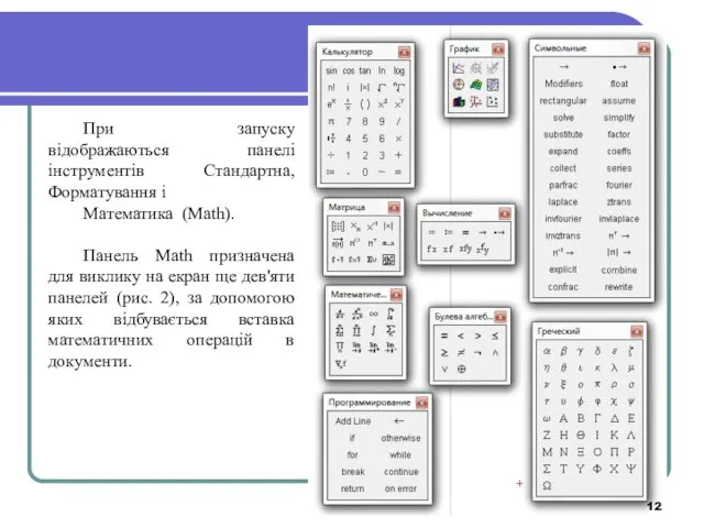 При запуску відображаються панелі інструментів Стандартна, Форматування і Математика (Math).