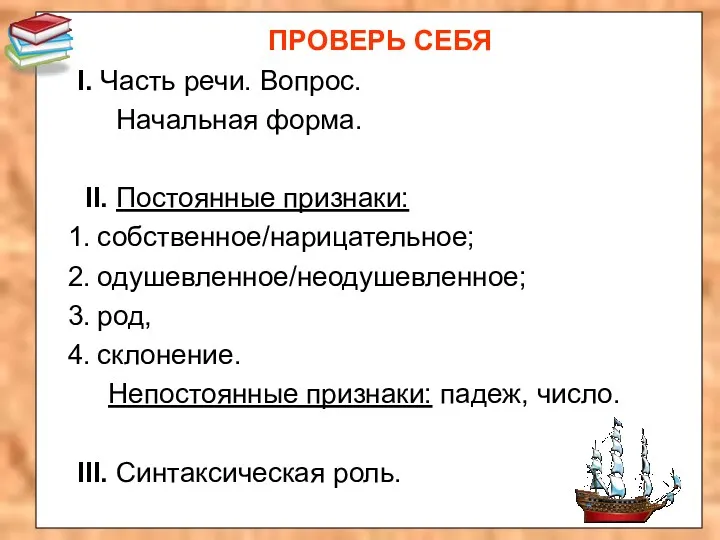 ПРОВЕРЬ СЕБЯ I. Часть речи. Вопрос. Начальная форма. II. Постоянные