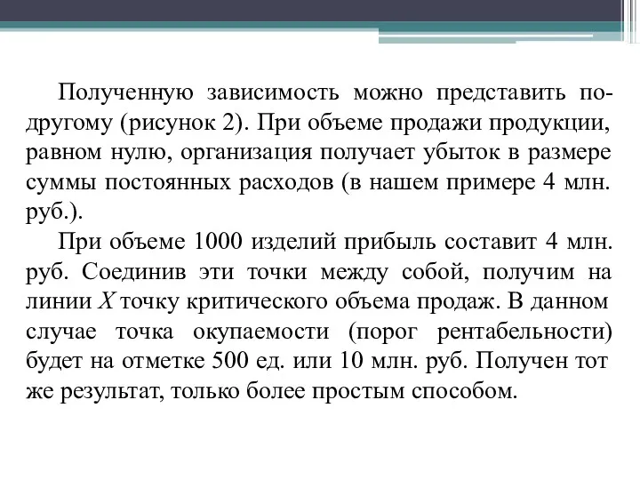 Полученную зависимость можно представить по-другому (рисунок 2). При объеме продажи