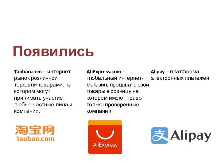 Появились Alipay – платформа электронных платежей. Taobao.com – интернет-рынок розничной