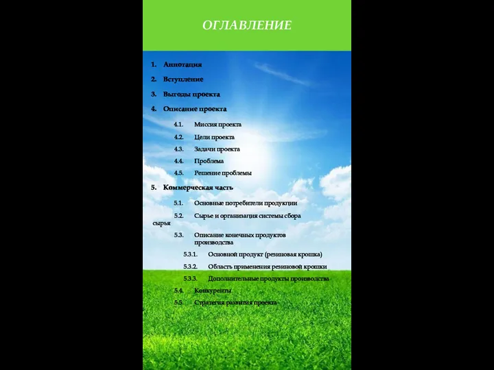 ОГЛАВЛЕНИЕ Аннотация Вступление Выгоды проекта Описание проекта 4.1. Миссия проекта