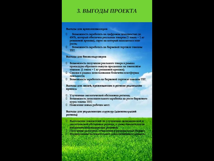 3. ВЫГОДЫ ПРОЕКТА Выгоды для криптоинвесторов Возможность заработать на цифровом