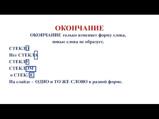 ОКОНЧАНИЕ ОКОНЧАНИЕ только изменяет форму слова, новые слова не образует.