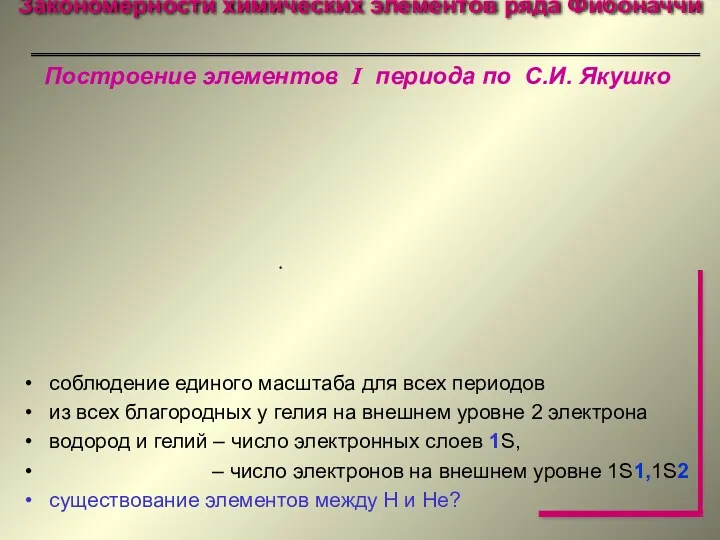 Закономерности химических элементов ряда Фибоначчи Построение элементов I периода по