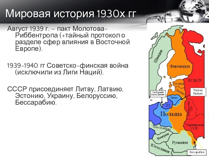Мировая история 1930х гг Август 1939 г. – пакт Молотова-Риббентропа