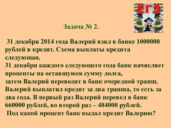 Задача № 2. 31 декабря 2014 года Валерий взял в банке 1000000 рублей