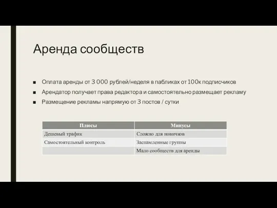 Аренда сообществ Оплата аренды от 3 000 рублей/неделя в пабликах от 100к подписчиков