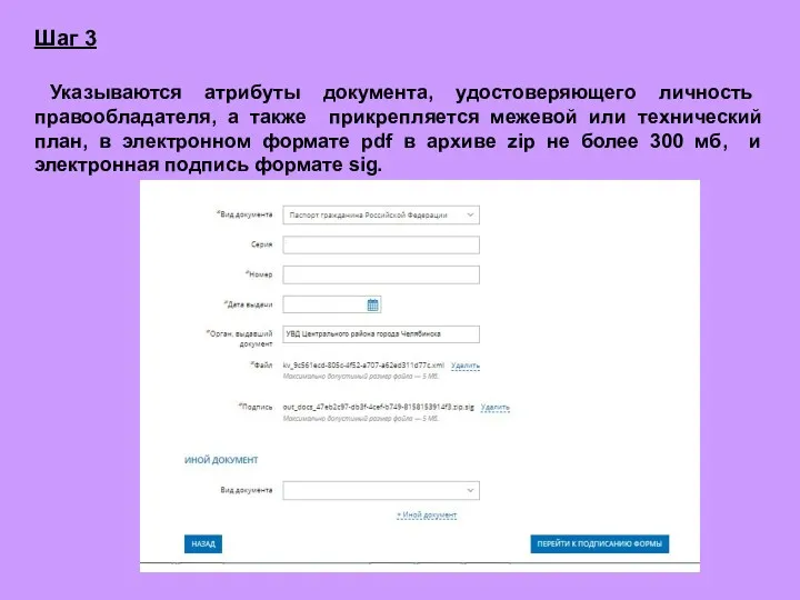 Шаг 3 Указываются атрибуты документа, удостоверяющего личность правообладателя, а также