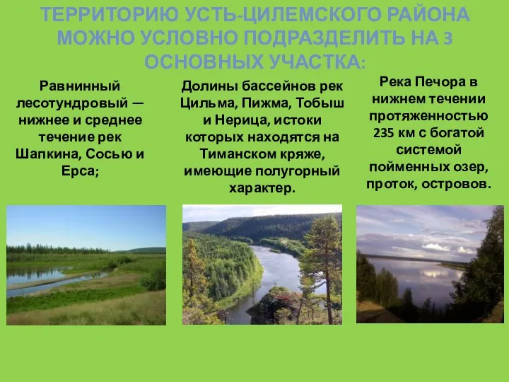 ТЕРРИТОРИЮ УСТЬ-ЦИЛЕМСКОГО РАЙОНА МОЖНО УСЛОВНО ПОДРАЗДЕЛИТЬ НА 3 ОСНОВНЫХ УЧАСТКА: