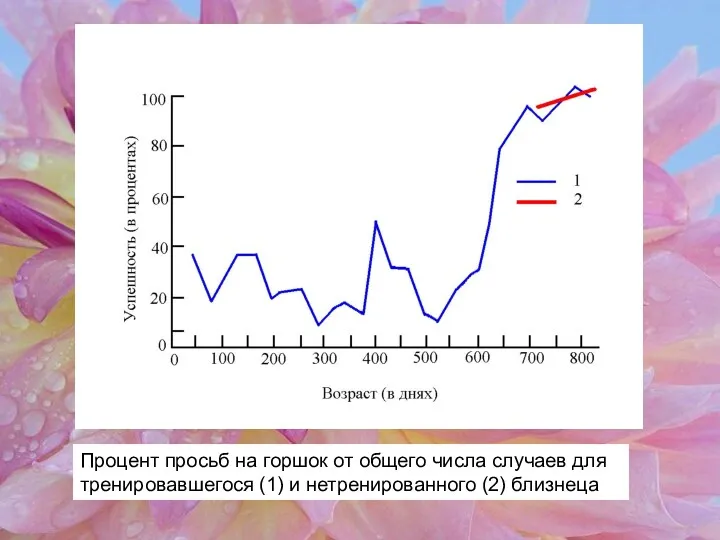 Процент просьб на горшок от общего числа случаев для тренировавшегося (1) и нетренированного (2) близнеца