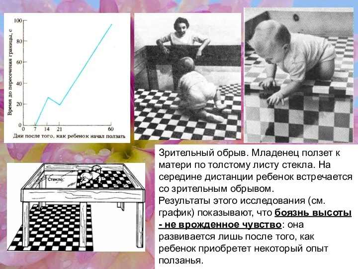 Зрительный обрыв. Младенец ползет к матери по толстому листу стекла.