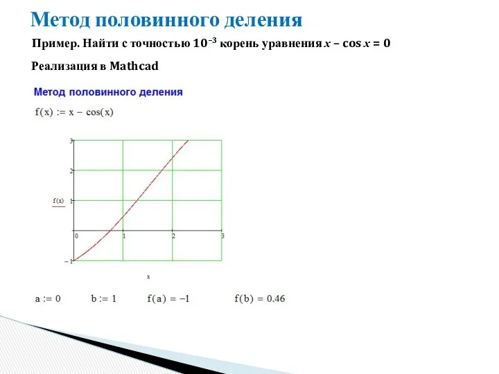Метод половинного деления Пример. Найти с точностью 10–3 корень уравнения