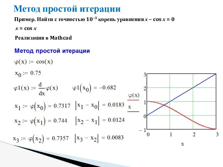 Метод простой итерации Пример. Найти с точностью 10–3 корень уравнения