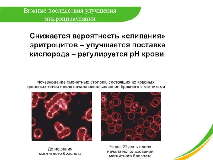 Снижается вероятность «слипания» эритроцитов – улучшается поставка кислорода – регулируется рН крови Важные последствия улучшения микроциркуляции