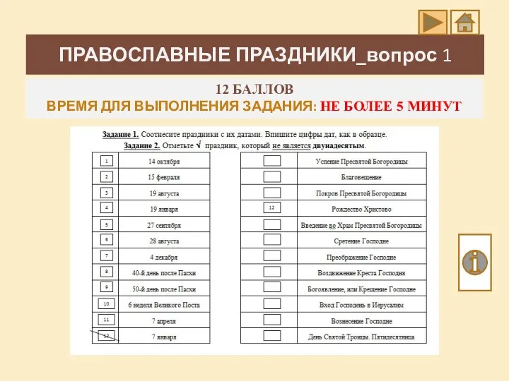 ПРАВОСЛАВНЫЕ ПРАЗДНИКИ_вопрос 1 12 БАЛЛОВ ВРЕМЯ ДЛЯ ВЫПОЛНЕНИЯ ЗАДАНИЯ: НЕ БОЛЕЕ 5 МИНУТ