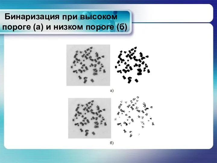 Бинаризация при высоком пороге (а) и низком пороге (б)