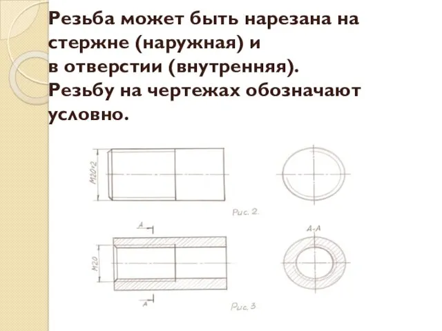 Резьба может быть нарезана на стержне (наружная) и в отверстии (внутренняя). Резьбу на чертежах обозначают условно.