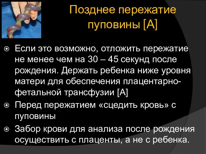 Позднее пережатие пуповины [А] Если это возможно, отложить пережатие не