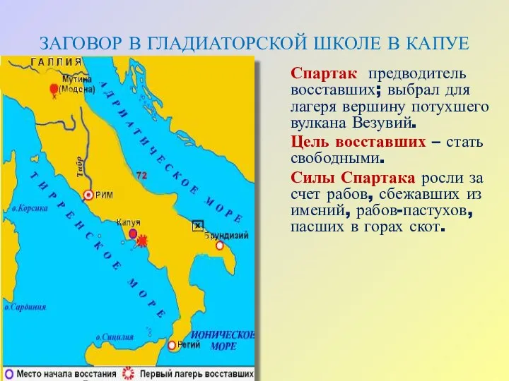 ЗАГОВОР В ГЛАДИАТОРСКОЙ ШКОЛЕ В КАПУЕ Спартак предводитель восставших; выбрал