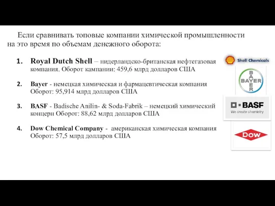 Если сравнивать топовые компании химической промышленности на это время по