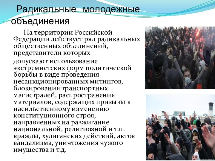 Радикальные молодежные объединения На территории Российской Федерации действует ряд радикальных общественных объединений, представители