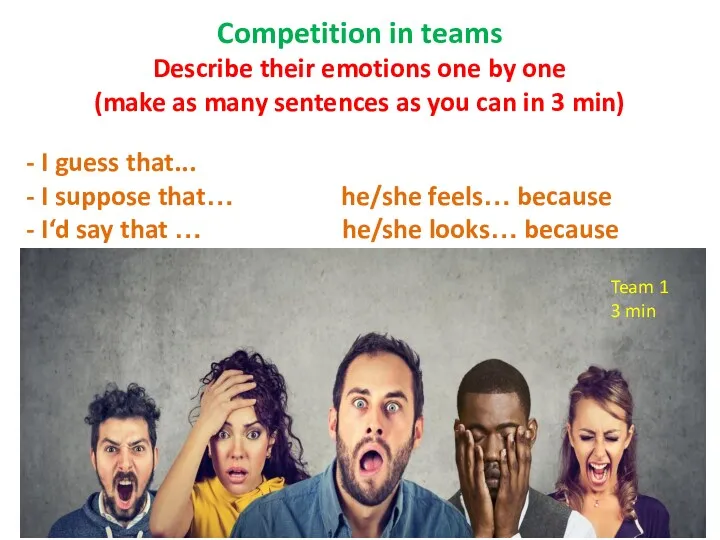 Competition in teams Describe their emotions one by one (make as many sentences