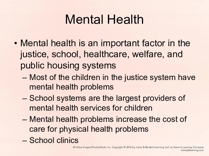 Mental Health Mental health is an important factor in the justice, school, healthcare,