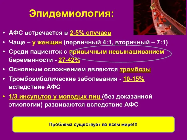 Эпидемиология: АФС встречается в 2-5% случаев Чаще – у женщин