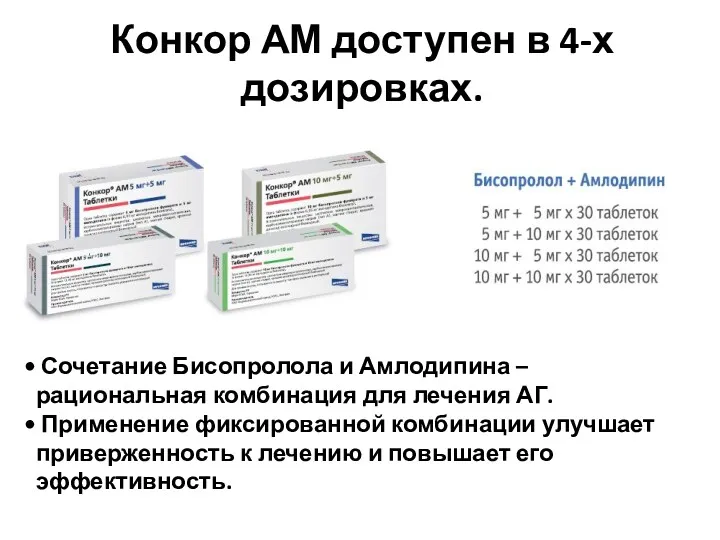 Конкор АМ доступен в 4-х дозировках. Таблетка делимая Сочетание Бисопролола и Амлодипина –