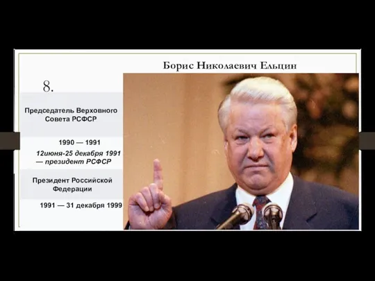 8. Борис Николаевич Ельцин 12июня-25 декабря 1991 года — президент РСФСР
