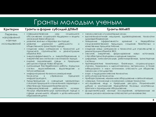 Направления возмещения затрат Гранты молодым ученым 8